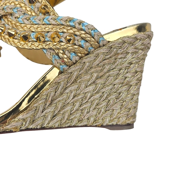 CHRISTIAN LOUBOUTIN Braided Gold-Studded Leather Wedge Sandals - Picture 9 of 13